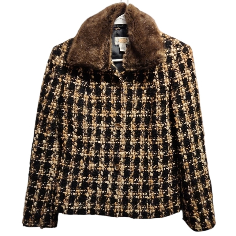 Vintage Talbots Wool Blend Jacket Plaid Coat Faux Fur Removable Collar Size 4